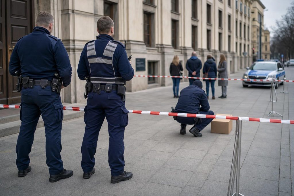 Policja i służby przy podejrzanym pakuneku w centrum Krakowa przed Urzędem Wojewódzkim